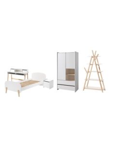 Kiddy Combinatie In Wit Met Bed (90x200) Met Nachtkastje, 2-deurs Kleerkast, Bureau En Boekenkast.