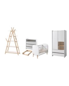 Kiddy Combinatie In Wit Met Babybed (60x120), Kommode Met Bijhorende Luierplank, 2-deurs Kleerkast En Boekenkast.