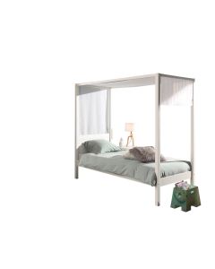 Hemelbed 90 X 200 Cm, Met Lattenbodem En Luifelframe Incl. Stoffen Kap, Kleur Wit